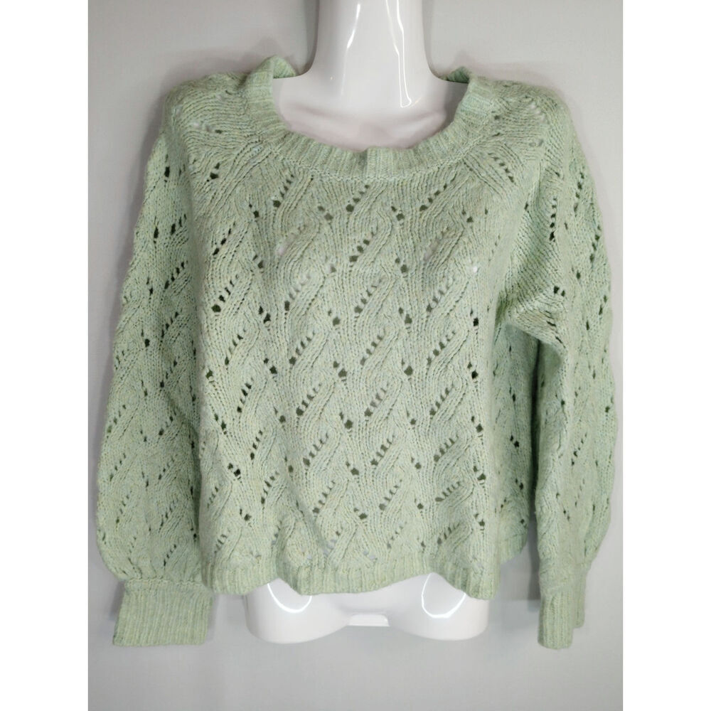 J. Crew Womens Pointelle Balloon Sleeves Sweater Heathered Honeydew Womens Small